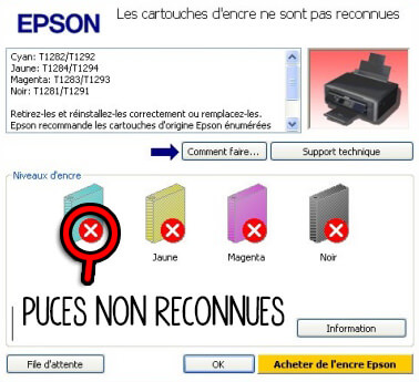 Les croix rouges indiquent une cartouche non reconnue.